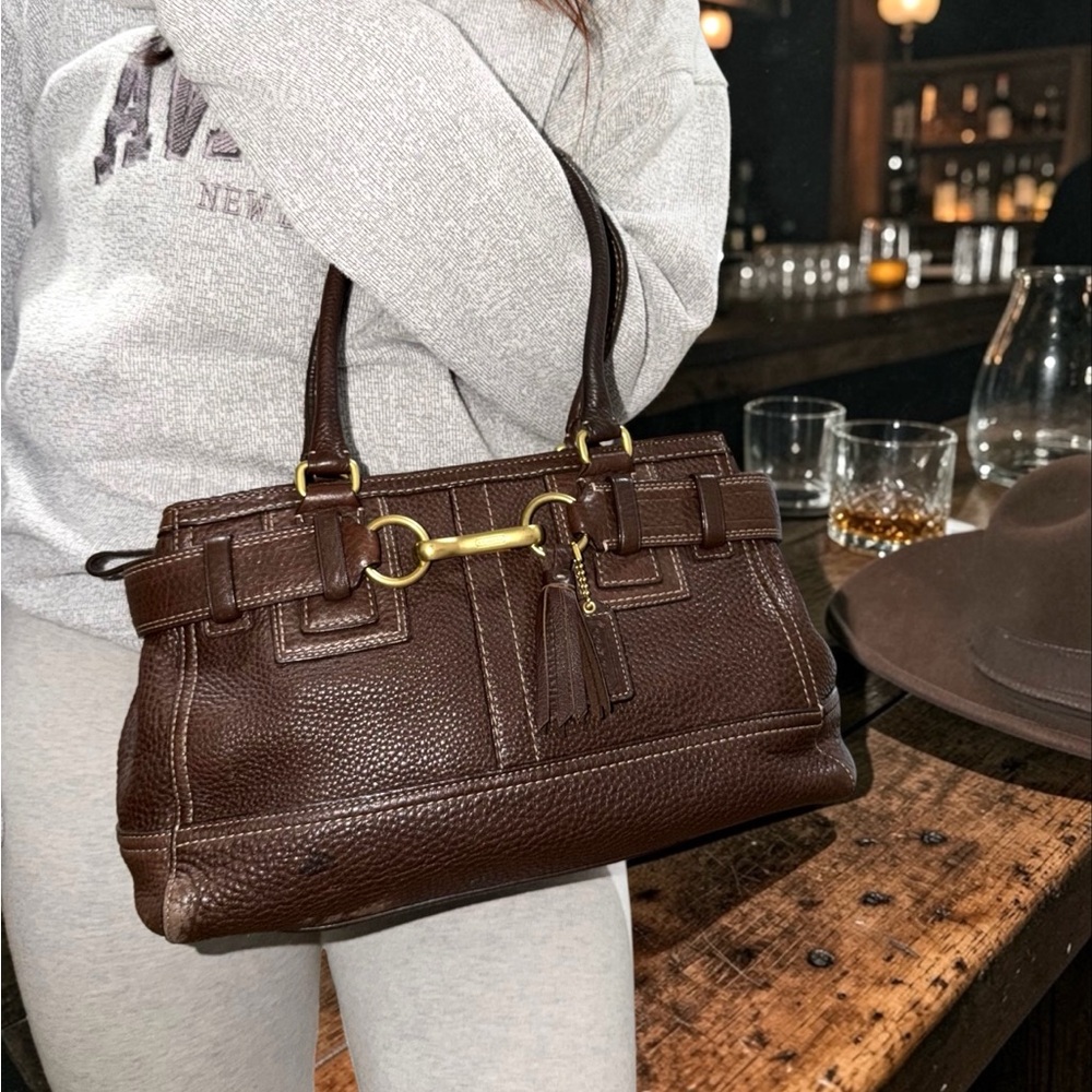 Vintage Coach Hampton Chocolate Brown Pebbled Leather Satchel Bag - Picture 4 of 14